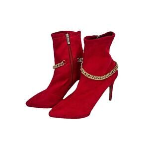 Jessica Simpson Red Micro Fiber Heels Ankle Boots Gold Chains Stretch 4" Heel